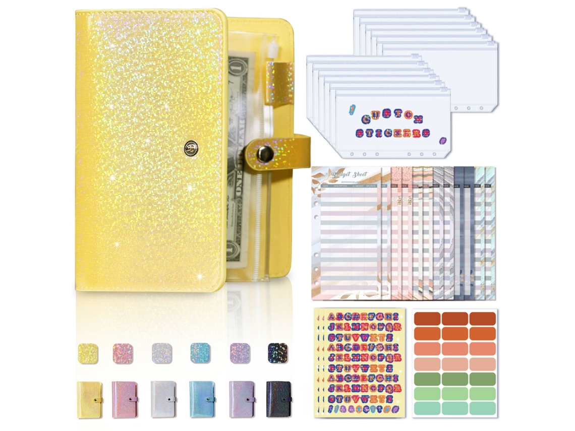 Caderno De Folhas Soltas A6 Em Couro Pu Inclui 12 Envelopes Com Fecho Para Orçamento Amarelo Elysve