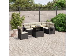 7 Pcs Conjunto De Sofás P/ Jardim C/ Almofadões Vime Pe Preto Dkd Home Decor
