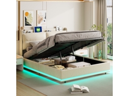 Cama Estofada 140x200cm Veludo Creme com Zíper, Led, USB, Sem Colchão BURSDANY