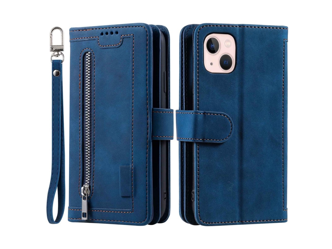 Capa Pega Para Iphone 14 Pele Sintética Magnética Com Porta-cartões Azul