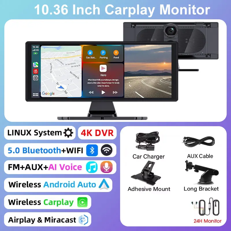 Câmera De Painel Inteligente Para Carro, Câmera De Ré 4k Sem Fio De 10,33 Polegadas Com Carplay.