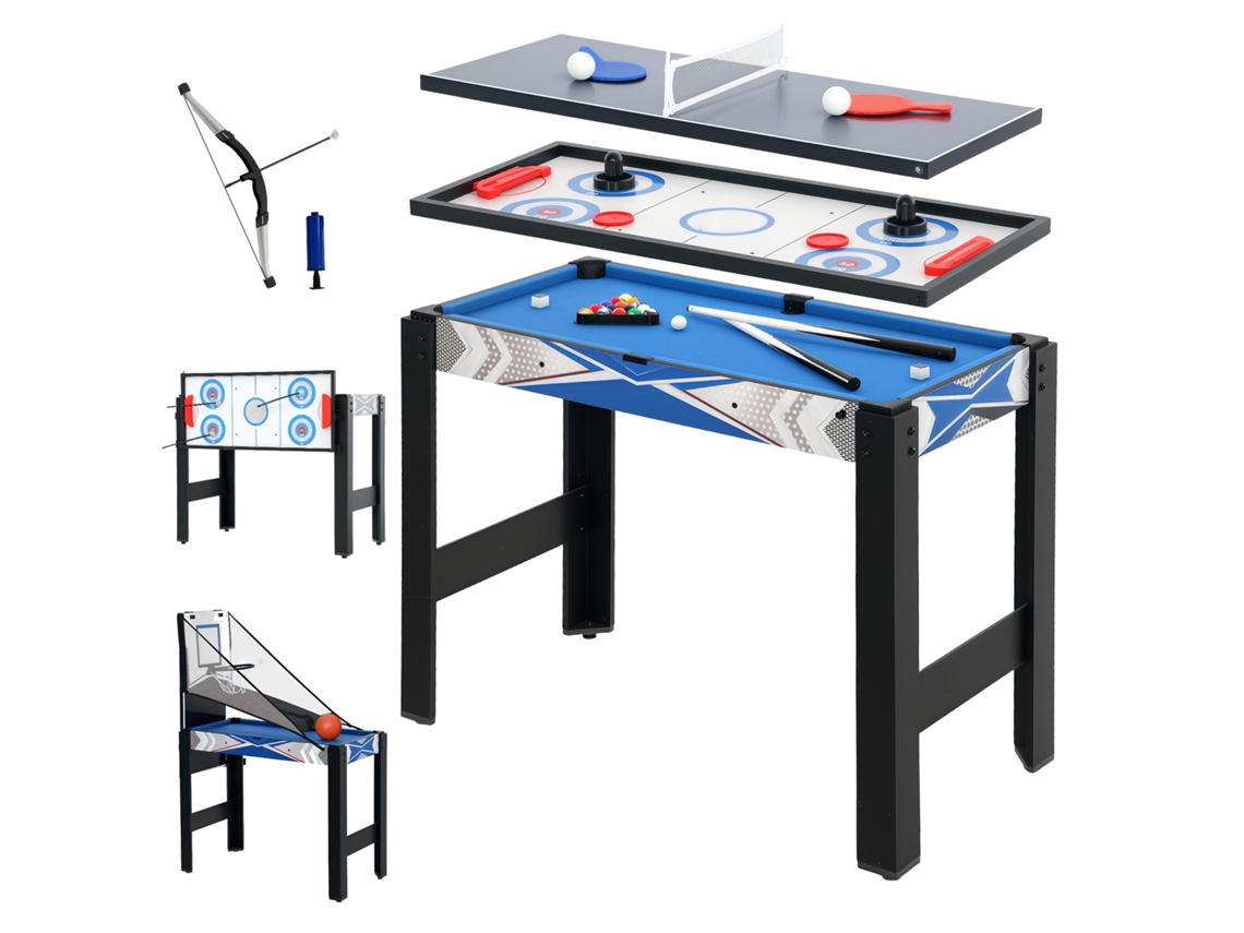 Mesa De Jogos 5 Em 1 Bilhar, Tênis De Mesa, Hóquei, Basquete E Arco E Flecha Com Acessórios E Design Azul