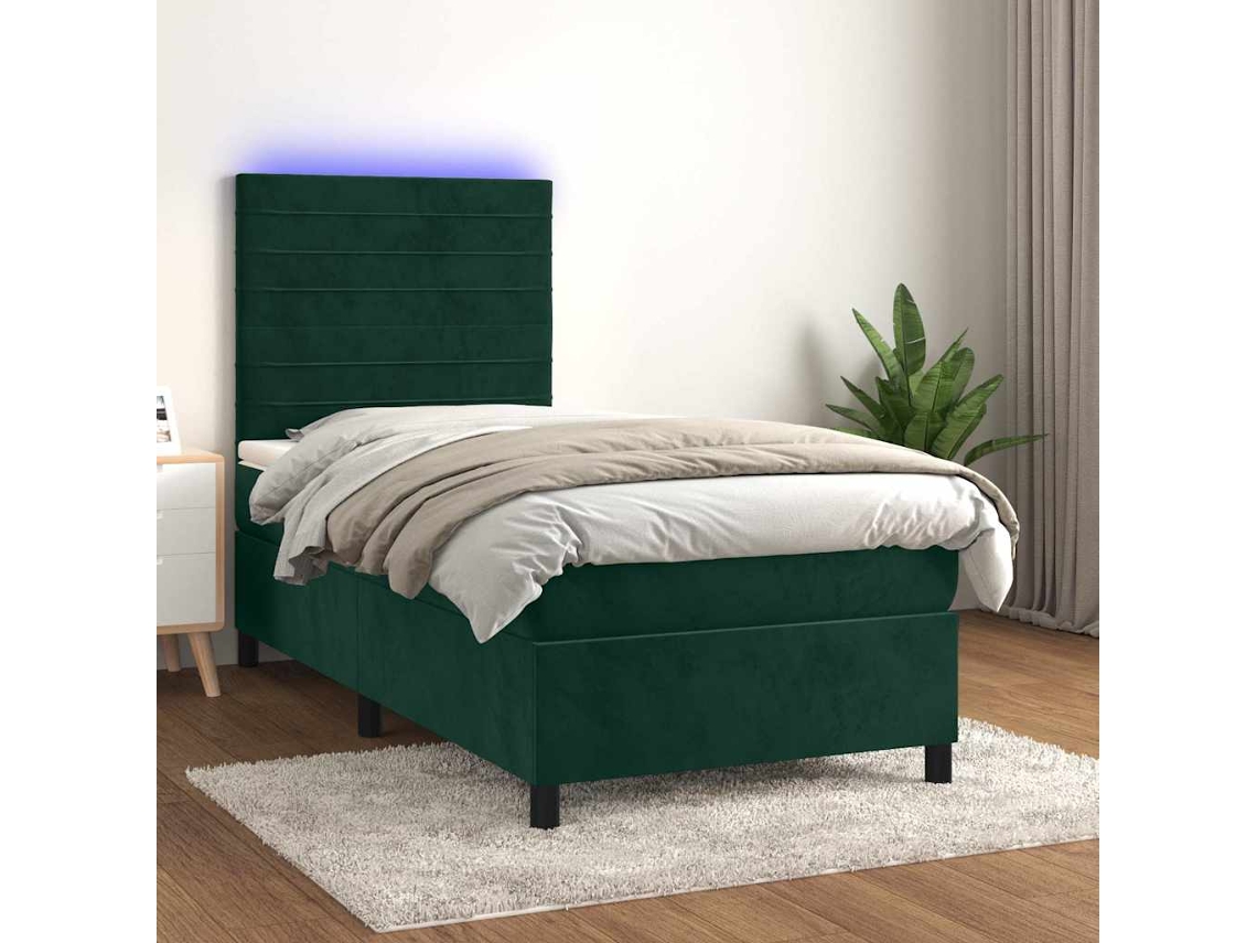 Vidaxl Cama Box Spring C/ Colchão/led 90x200 Cm Veludo Verde-escuro