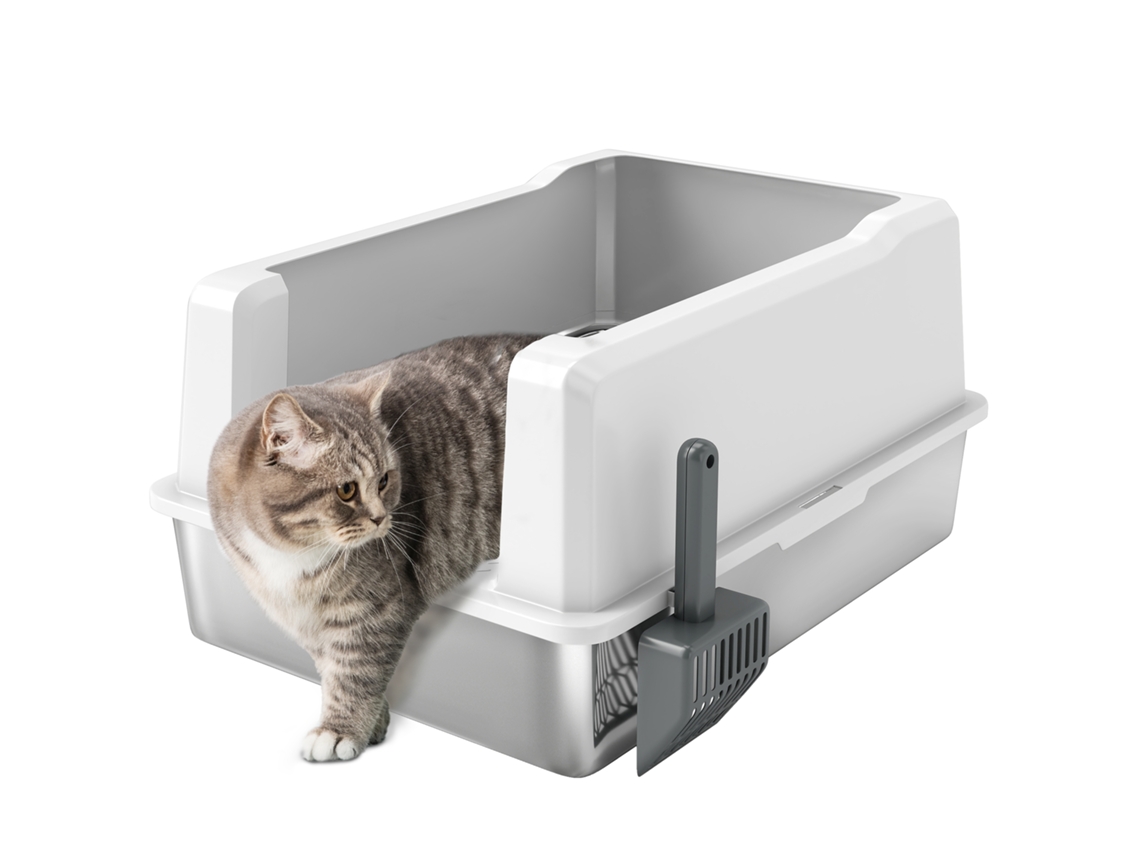 Caixa de Areia Impermeável para Gatos com Paredes Elevadas, Bandeja e Pá, em Abs, 71x50,8x35,5 Cm, Branca. ESSÊNCIACASA