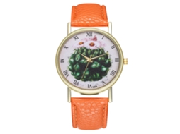 Relógio de quartzo com pulseira de couro PU, mostrador com desenho de cacto, unissex (laranja)