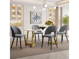 Conjunto De Jantar Moderno: Mesa Retangular 117x68cm Com 4 Cadeiras De Veludo Cinza, Padrão Diamante E Pernas Douradas Ajustáveis.