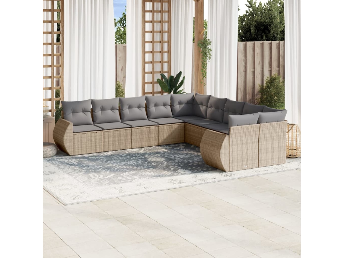 Vidaxl 10 Pcs Conjunto De Sofás P/ Jardim Com Almofadões Vime Pe Bege