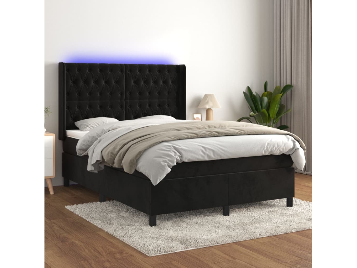 Vidaxl Cama Box Spring C/ Colchão/led 140x190 Cm Veludo Preto