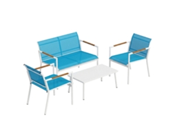 Conjunto Jardim 4 Lugares, Sofá, Poltronas, Mesa Em Metal, Azul.