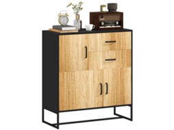 Credenza Moderna com 3 Armários, 2 Gavetas, Aglomerado e Aço, 80x35x85cm Preto e Madeira S/MARCA