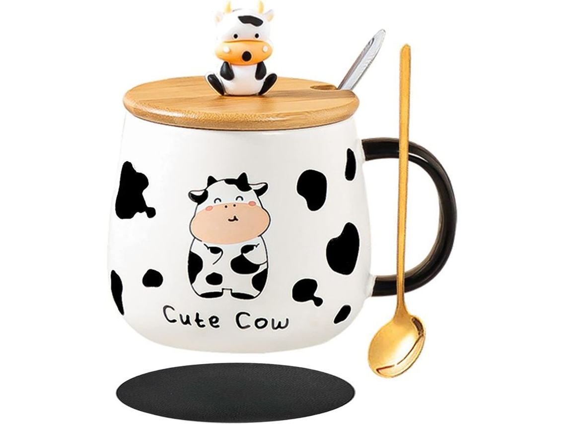 Caneca de Porcelana Nova Line com Tampa, Colher, 400ml, Design de Vaca | S/MARCA