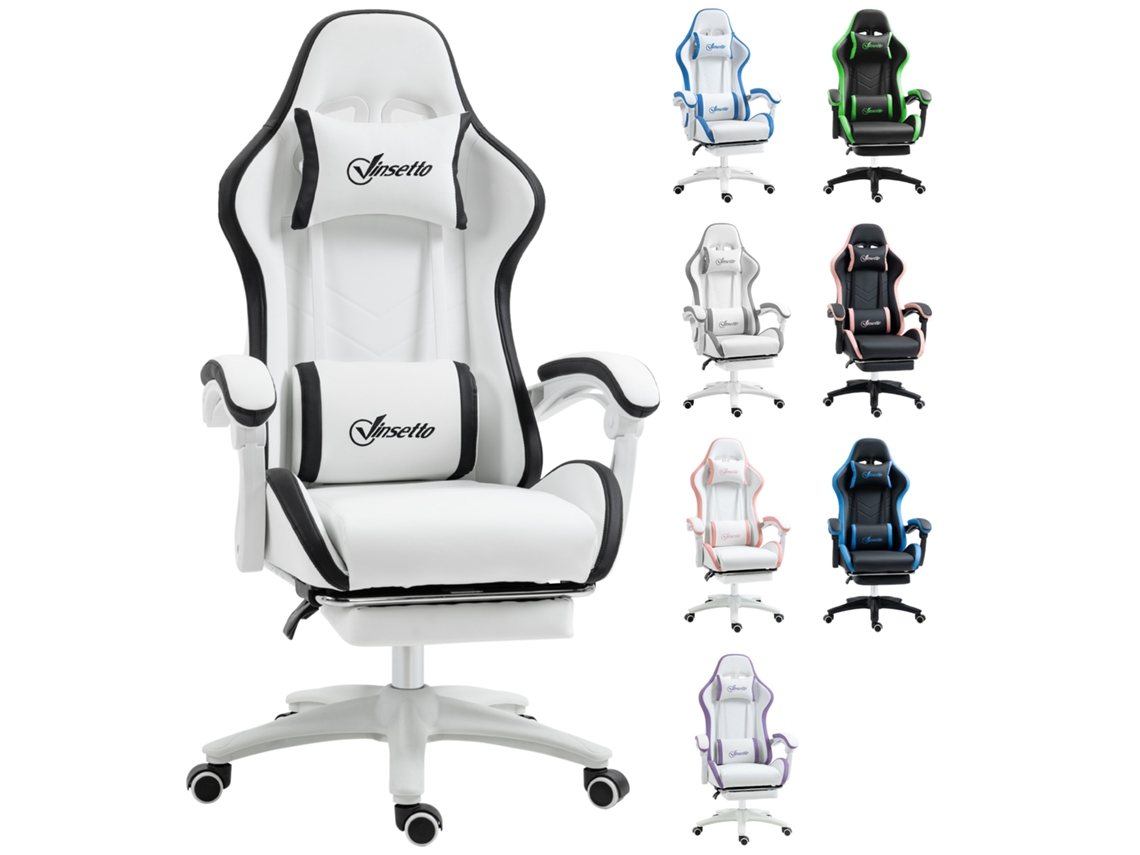 Cadeira Gamer de Couro Pu Ajustável Reclinável 135° com Apoio de Cabeça e Apoio para os Pés 65x65x121 129cm Branco BTFORUS