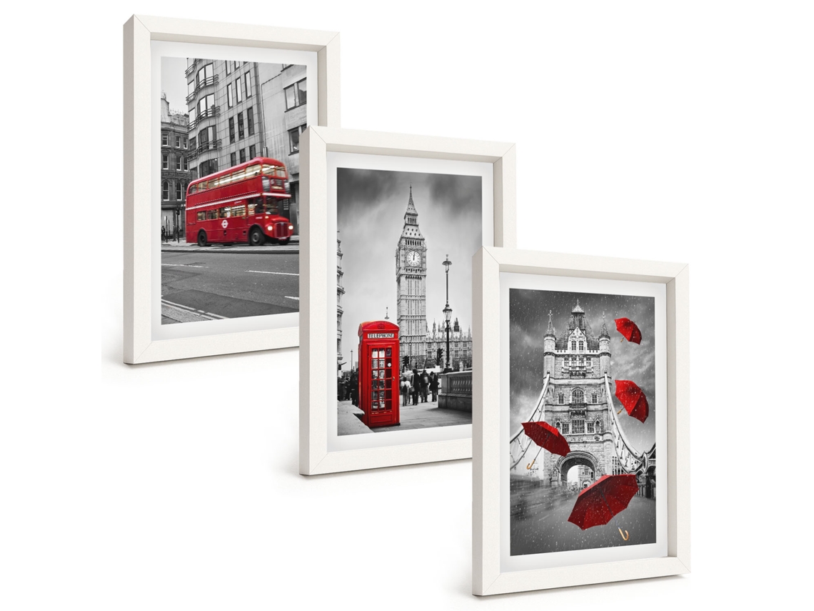 Conjunto De Pinturas Detalhes Em Vermelho, Londres Moldura Branca Imagens Para Um Quarto Infantil Espelharte (3 Peças 20x30 Cm)