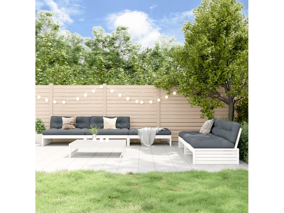 Vidaxl 6pcs Conjunto Lounge Jardim C/ Almofadões Madeira Maciça Branco