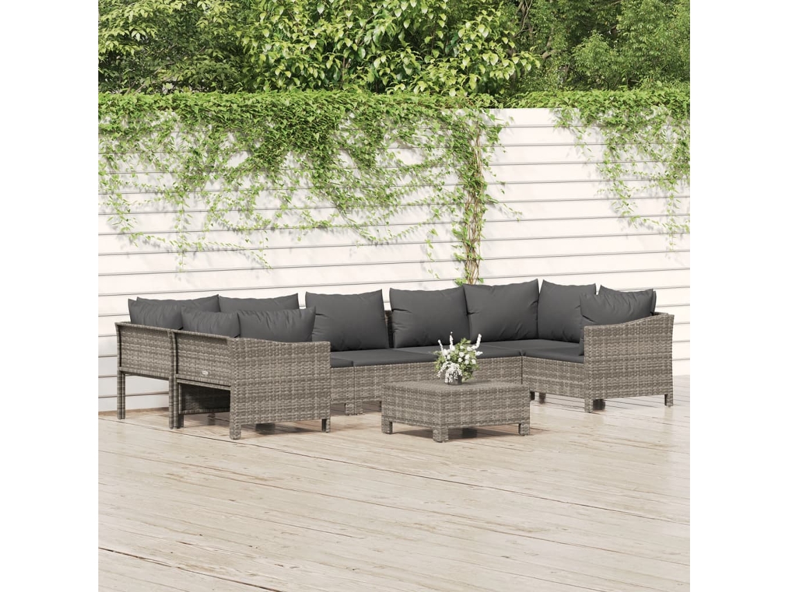 Vidaxl 8 Pcs Conjunto Lounge De Jardim C/ Almofadões Vime Pe Cinzento