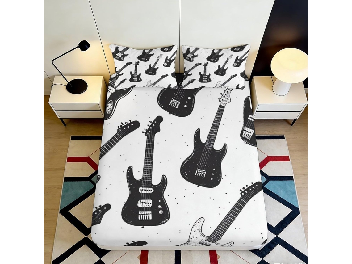 Conjunto de Cama Estampa 3d Guitarra Elétrica Microfibra com Fronha 200x25cm S/MARCA