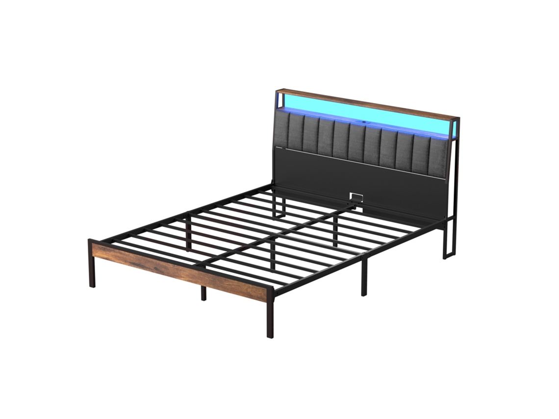 Estrutura De Cama 140 X 190 Com Base Em Metal, Cama Para 2 Pessoas, Com Luzes Led E Tomadas Múltiplas (1 Tomada Ca, 2 Portas Usb), Com Gaveta, Altura