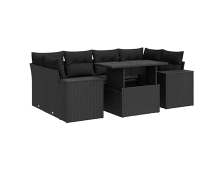 Conjunto 7 de sofás p/ jardim c/ almofadões VIDAXL vime PE preto