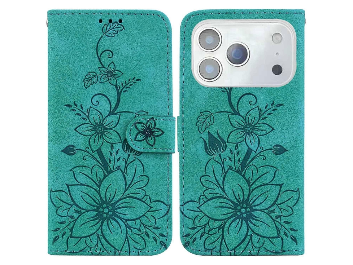 Capa Para Iphone 17 Pro Max Com Suporte, Em Couro Com Relevo De Lírio E Alça De Pulso - Verde