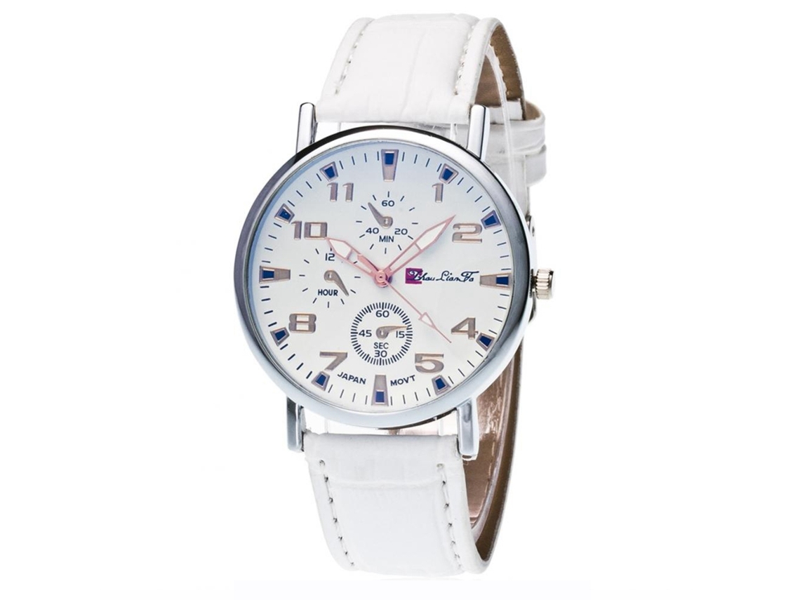 Relógio de pulso Zhoulianfa com mostrador redondo grande em bambu granulado e pulseira de couro PU (branco)