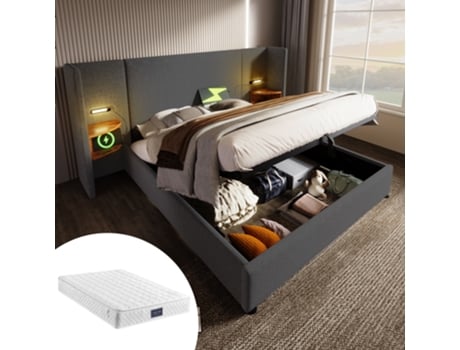 Cama Estofada Cama De Casal 160×200 Com Mesa De Cabeceira, Lâmpada De Leitura E Usb Type-c, Roupa De Camacom Colchão