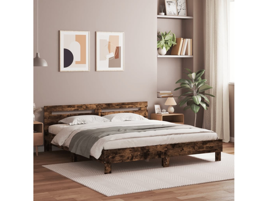 Vidaxl Estrutura Cama C/ Cabeceira/luzes Led 180x200cm Carvalho Fumado