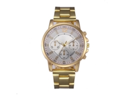 Relógio de pulso analógico de quartzo unissex casual dourado e branco com pulseira de aço.