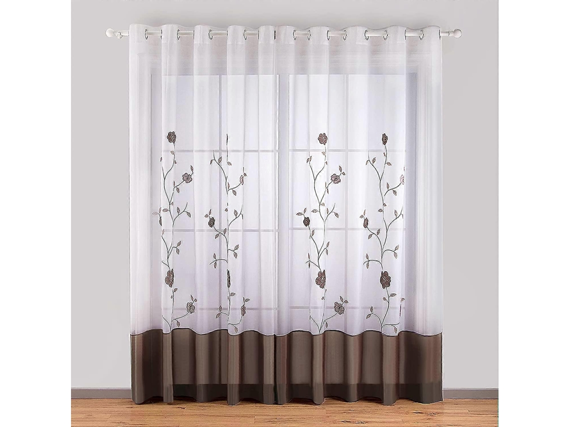 Rebe cortinas Translúcidas de Encaje Con Bordado Floral para Dormitório Cozinha Sala, 140cmx175cm, Marrom