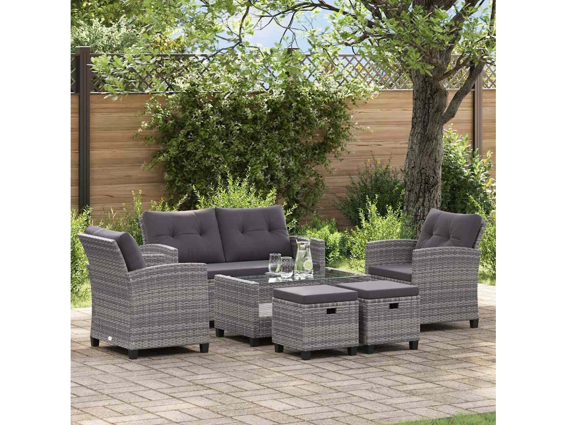 Vidaxl 6 Pcs Conjunto Sofás Jardim C/ Almofadões Vime Cinzento-escuro
