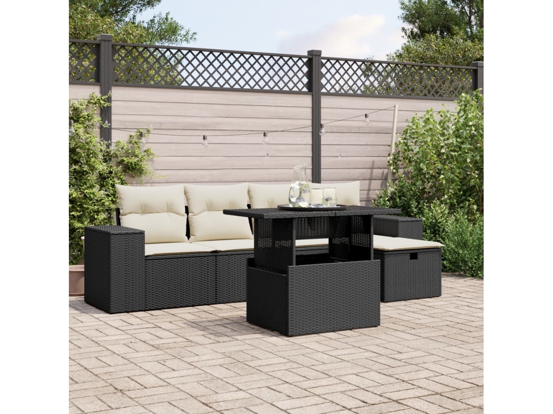 Vidaxl 6 Pcs Conjunto Sofás De Jardim C/ Almofadões Vime Pe Preto