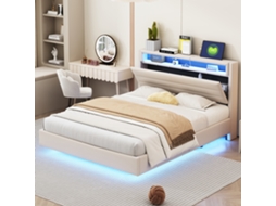 Cama Casal Bege 140x200cm Estofada, Linho, Usb, Led, Cabeceira Reversível, Ripas. -op