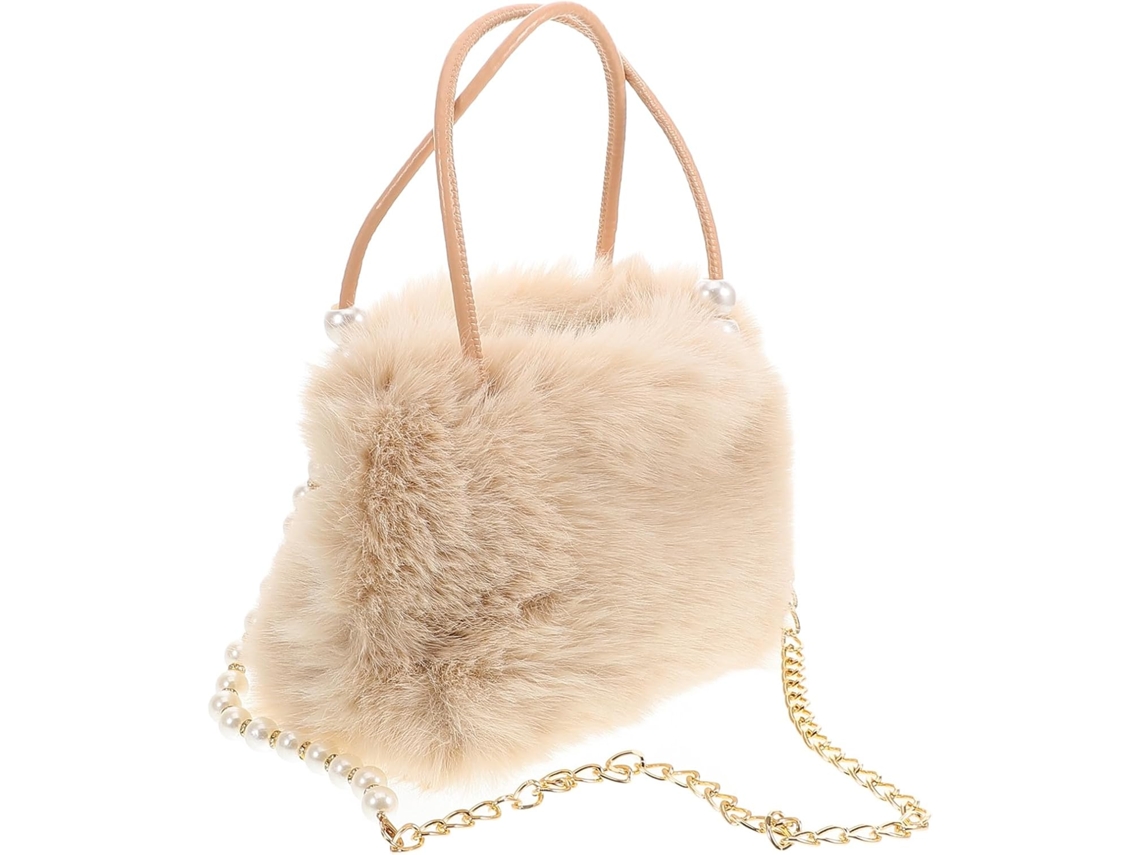 Bolsa Grande Elegante E Luxuosa Em Pele Sintética Bege Com Corrente De Pérolas.