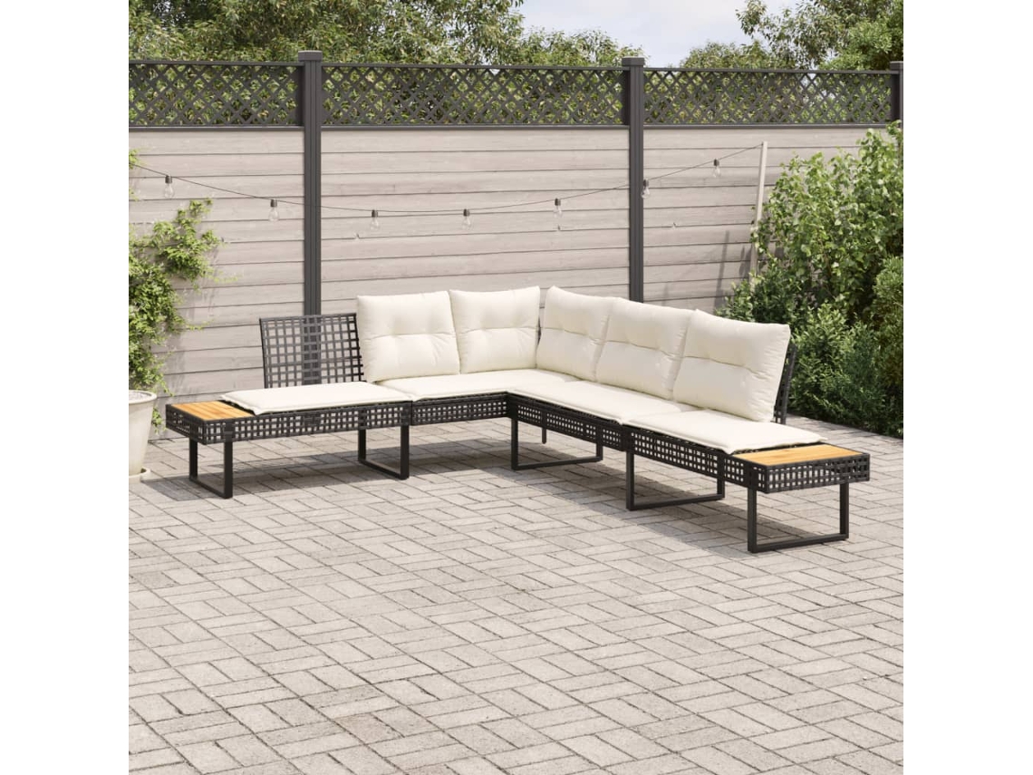 Vidaxl Sofá De Jardim Em Forma De L C/ Almofadões Vime Pe/acácia Preto