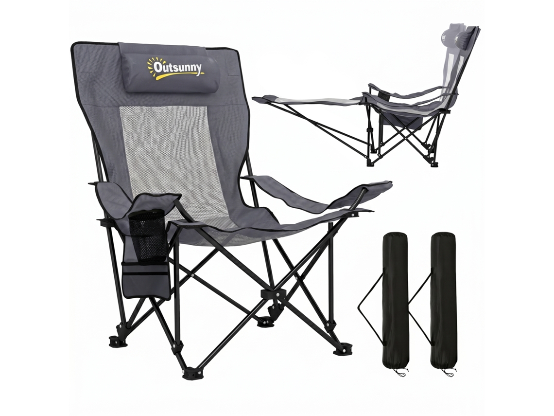 Conjunto de 2 Cadeiras de Camping Dobráveis para Pesca com Encosto Ajustável, Suporte para Copos para os Pés e Encosto de Cabeça Cinza Escuro Ge