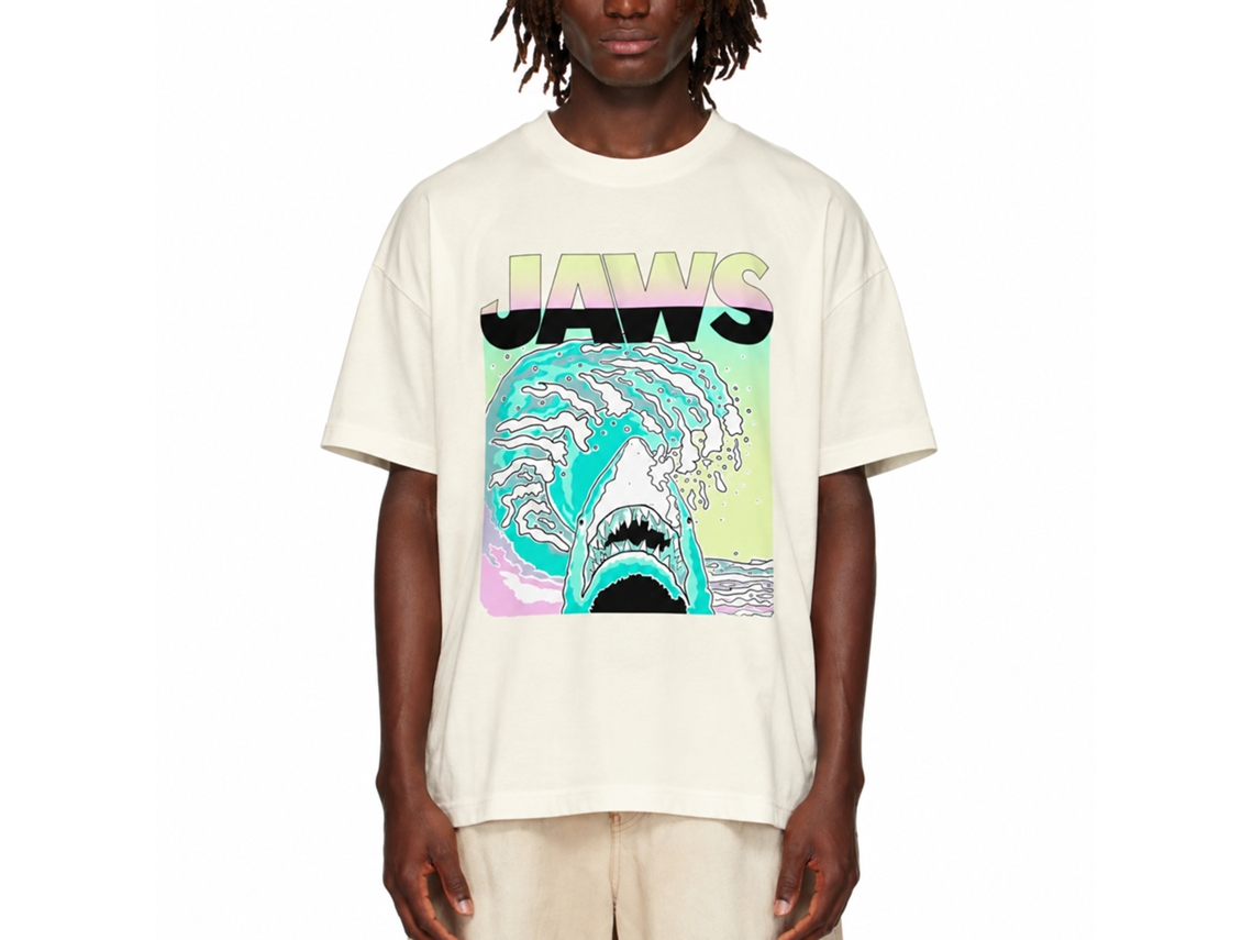 Rockinstone Jaws Movie Neon Waves Solid Natural Adult T-shirt Size:m