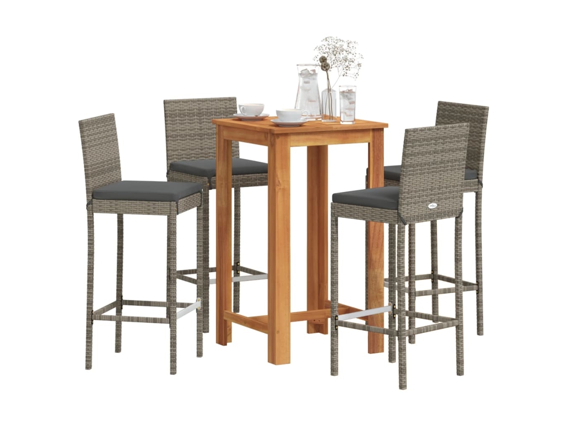 Vidaxl 5 Pcs Conjunto de Bar P/ Jardim Acácia Maciça/vime Pe Cinzento