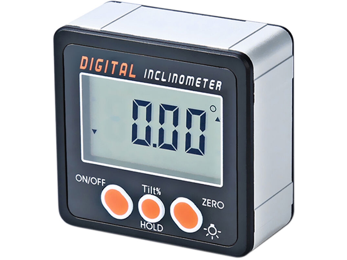 Transferidor eletrônico com caixa em liga de alumínio e inclinômetro digital com base magnética. Brilvibera