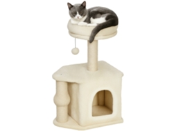 Árvore para Gatos Bege com 66 cm de altura, torre com cama, plataforma em forma de caverna, bola Pendurada e poste de juta.