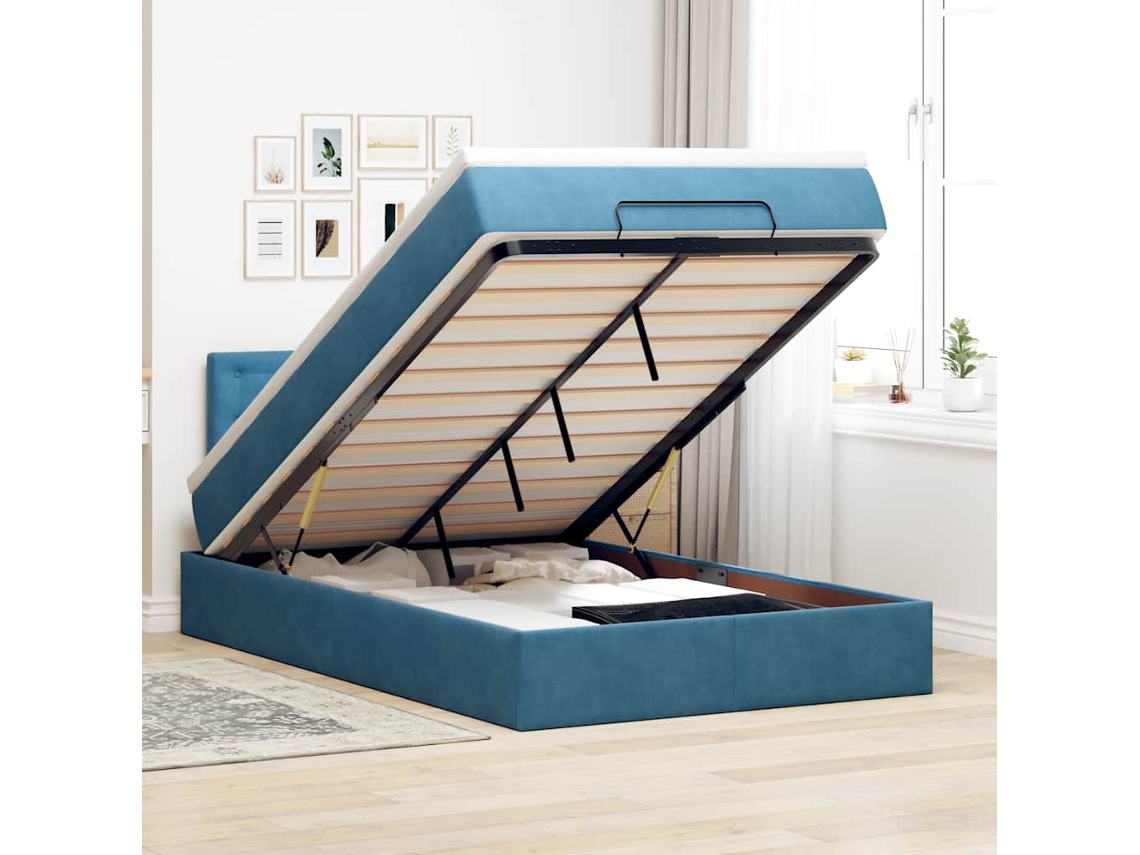 Estrutura Cama Otomana Colchão 120x200cm Veludo Azul Escuro
