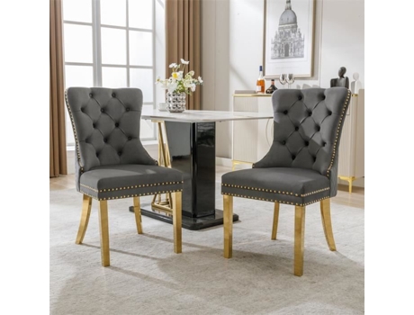 Cadeira De Sala De Jantar Dreammespace Conjunto De 2 Veludo Cinza Pés Em Aço Inoxidável Dourado Confortável