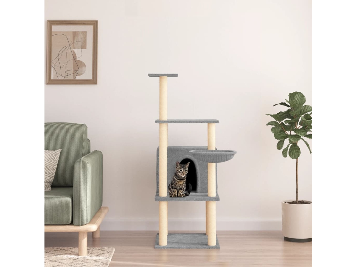 Vidaxl Árvore P/ Gatos C/ Postes Arranhadores Sisal 132 Cm Cinza-claro