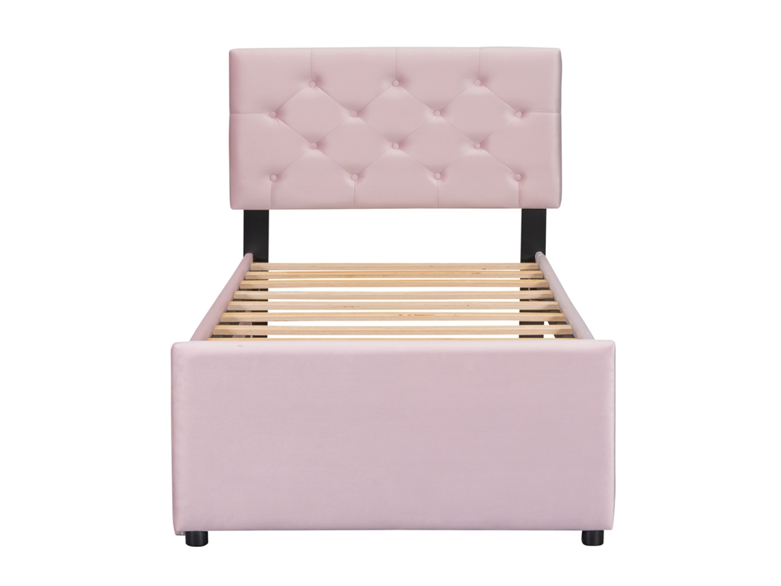 Cama Individual 90x200cm Em Veludo - Com Cama De Rodízio - Com Estrado De Ripas - Rosa (colchão Não Incluído)