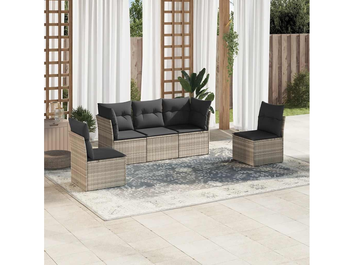 Vidaxl 5 Pcs Conj. Sofás Jardim C/ Almofadões Vime Pe Cinzento-claro