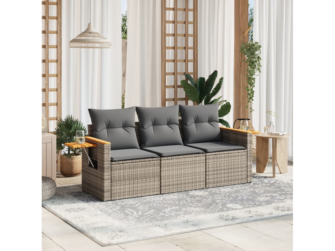 Vidaxl 3 Pcs Conjunto Sofás De Jardim C/ Almofadões Vime Pe Cinzento