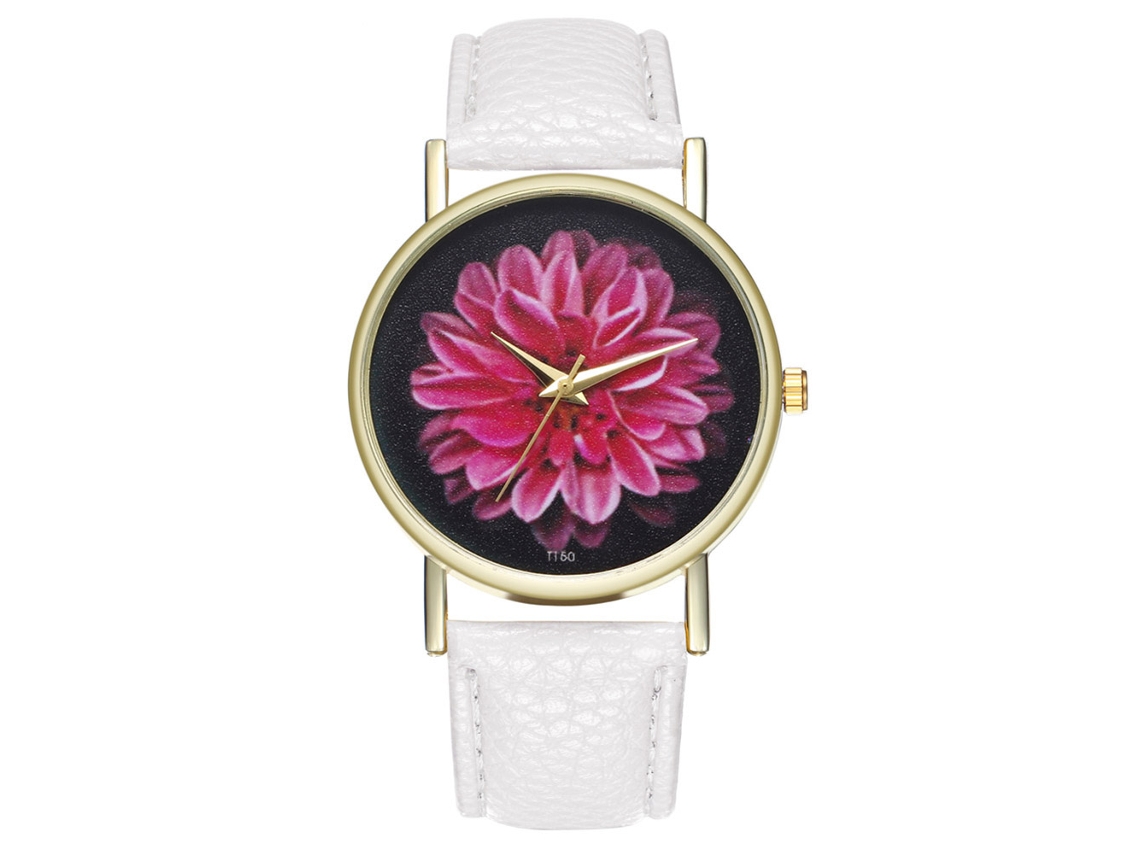 Relógio de Quartzo Feminino de Couro Pu com Padrões Florais Relógio Casual Branco