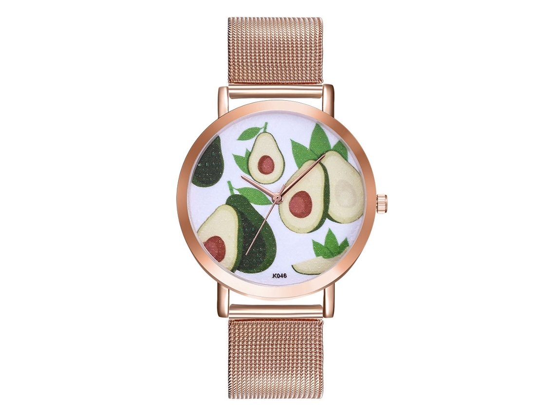 Relógio de quartzo para casais com pulseira de malha de aço na cor ouro rosa.
