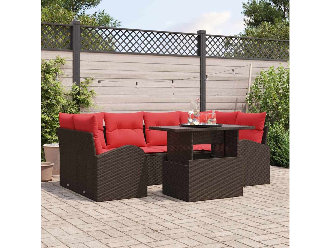 Vidaxl Conjunto De Sofá De Jardim Com Almofada 7 Pcs Marrom E Vermelho