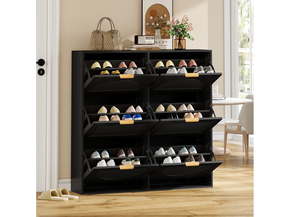 Armário Moderno Para Sapatos, 6 Compartimentos, Sapateira Autônoma Com Prateleiras Abertas, Ideal Para Hall Ou Corredor, Preto, 118x115x25 Cm.