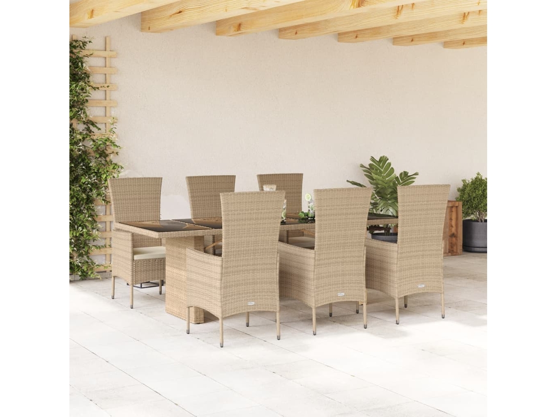 7 Pcs Conjunto De Jantar P/ Jardim Com Almofadões Vime Pe Bege Dkd Home Decor