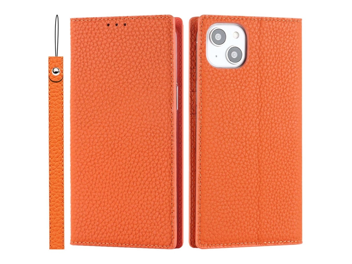 Capa Genuíno Queda Textura Lichia Para Iphone 14 Pele Laranja